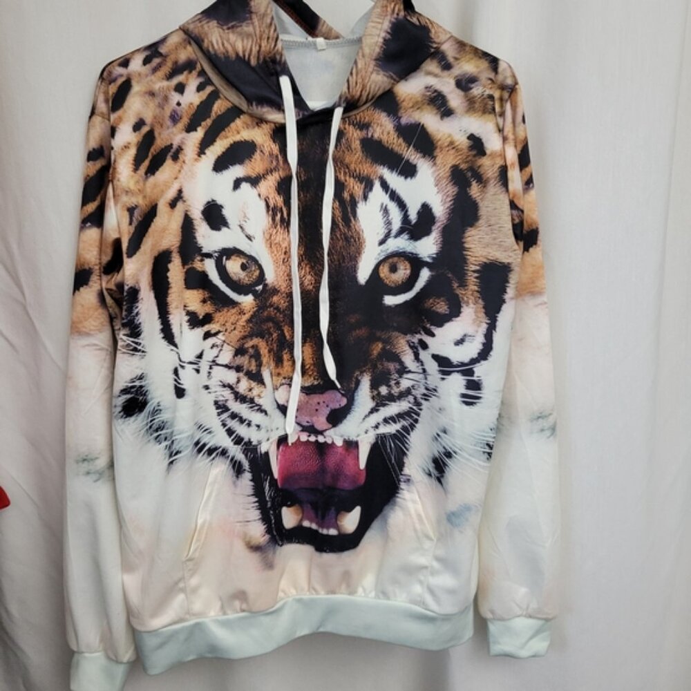 Hoodie Tiger Print drawstring Large pullover Indie Streetwear Grunge Hooded - Picture 7 of 10